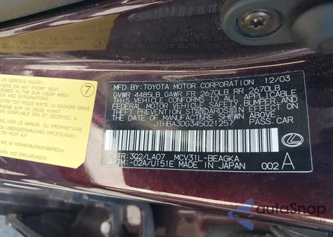 2004 Lexus Es 330 from USA, damaged, VIN JTHBA30G345021257